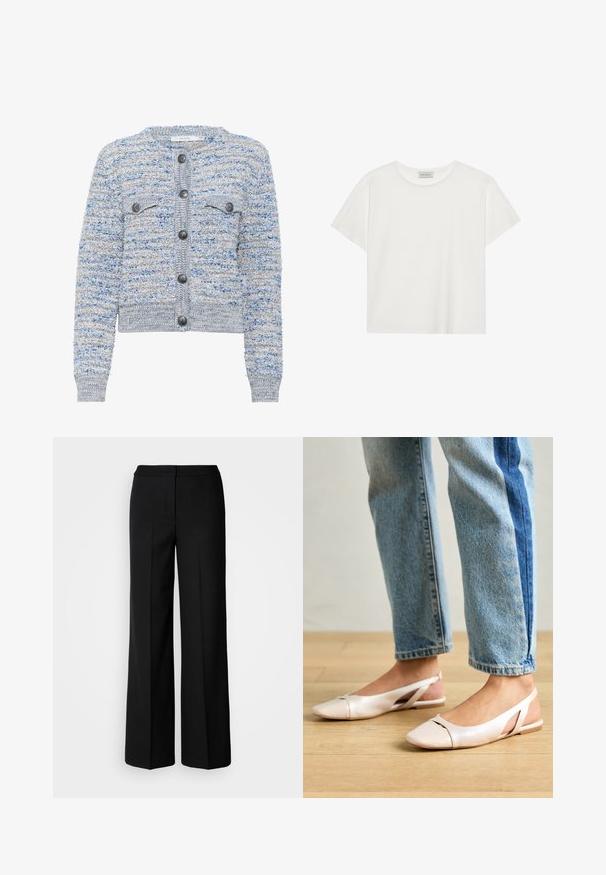 Hellblauer strukturierter Cardigan mit zwei Vordertaschen, Rundhalsausschnitt und grauen Knöpfen. Besitzt einen verkürzten Saum und ein gemischtes Muster aus verschiedenen Fasern.; Weißes T-Shirt mit kurzen Ärmeln aus weicher Baumwolle. Verfügt über einen runden Halsausschnitt und eine lockere Passform. Sauberes Design ohne sichtbare Muster oder Akzente.; Schwarze weit geschnittene Hosen aus glattem Stoff mit hoher Taille, taillierten Nähten und minimalistischer Gestaltung. Keine sichtbaren Beschläge oder Taschen.; Blassrosa Slingback-Ballerinas mit spitzem Punkt, aus einem glatten, lederähnlichen Material. Mit Ausschnitten an den Seiten und einem flachen Absatz.