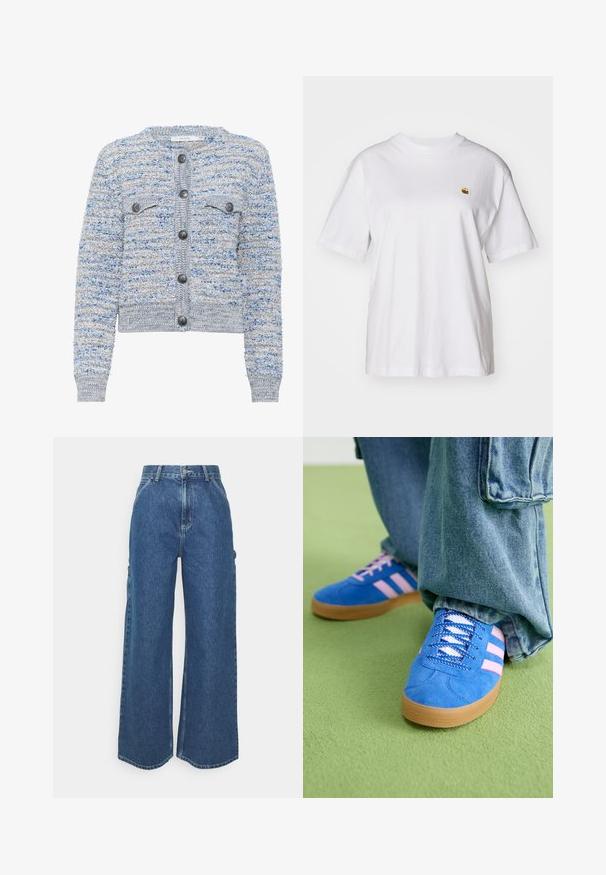Hellblauer strukturierter Cardigan mit zwei Vordertaschen, Rundhalsausschnitt und grauen Knöpfen. Besitzt einen verkürzten Saum und ein gemischtes Muster aus verschiedenen Fasern.; Weißes Baumwoll-T-Shirt mit lockerem Schnitt, kurzen Ärmeln und einem kleinen gestickten Logo auf der linken Brustseite.; Weite blaue Denim-Hosen mit hoher Taille, kontrastierenden Nähten und Seitentaschen, ausgestattet mit einem klassischen Five-Pocket-Design und rohen Säumen.; Blaue Wildlederschuhe mit rosa Streifen und weißen Schnürsenkeln, ausgestattet mit einer Gummisohle, kombiniert mit lockeren Jeanshosen auf einer grünen Fläche.
