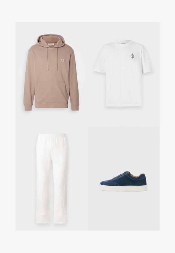 Svetlohnedá mikina na zips vyrobená z mäkkého materiálu, s kapucňou na šnúrku, prednými vreckami, rebrovanými manžetami a malým logom na hrudi.; Biela bavlnená tričko s voľným strihom, s malým čiernym grafickým logom na ľavej strane hrudníka. Krátke rukávy, okrúhly výstrih.; Biele ľanové nohavice s elastickým pásom, rovný strih a mierne textúrovaná látka. Bez vzorov alebo ďalších detailov.; Modré semišové tenisky s bielou gumovou podrážkou, šnurovací dizajn, okrúhla špička a kontrastný hnedý interiér. Jemné detaily prešívania.
