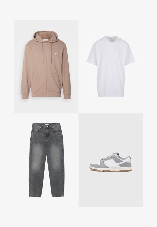 Lysebrun hettejakke med glidelås laget av mykt stoff, med snorhette, frontlommer, ribbestrikkede mansjetter og en liten logo på brystet.; Hvit bomull t-skjorte med korte ermer, rund utringning, avslappet passform, og ingen synlige logoer eller mønstre. Glatt tekstur og minimalistisk design.; Høyt liv, løstsittende jeans i falmet svart denim. Har fem lommer, beltehemper og et rent, rett ben-design.; Grå og hvite sneakers med overdel i semsket skinn og lær, rund tå, flate lisser, og gummisåle med gummibelegg.