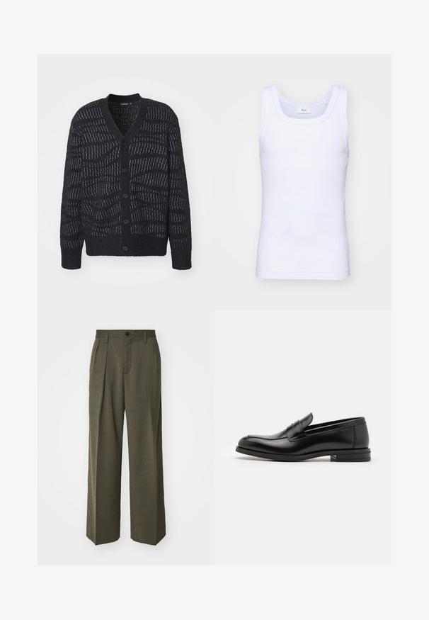 Černý kardigan se strukturovaným vzorem, s hlubokým výstřihem do V, šesti knoflíky a žebrovanými manžetami. Vyznačuje se jedinečným tkaným designem, který dodává jemný detail.; Bílé bavlněné tílko bez rukávů s kulatým výstřihem, s hladkou texturou a přiléhavým střihem, navržené pro volnočasové nošení.; Filippa K WIDE TROUSERS - Kalhoty - driftwood; Černé kožené polobotky s hladkou texturou, zaoblenou špičkou a zdobným páskem přes nárt. Nízký stohovaný podpatek, minimalistický design.