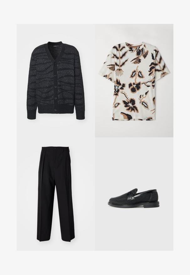 Juodas kardiganas su tekstūruotu raštu, turintis giliai V formos iškirptę, šešis mygtukus ir raukšlėtus rankogalius. Iškirtinis audimo dizainas suteikia subtilų akcentą.; Trumpas rankovės marškinėliai, pagaminti iš minkštos medžiagos, su grietinėlės spalvos fonu, kuriame yra abstraktūs gėlių raštai juoda, ruda ir šviesiai mėlyna spalvomis.; Juodi klostuoti kelnių, su tiesiu, plačiu kojų dizainu. Pagaminti iš lygios medžiagos, su mygtukų uždarymu ir diržo kilputėmis.; Juodas pintas slip-on tipo batelis su lygiu odiniu akcentu viršuje, apvalios nosies dizainas ir žemas guminis padas.