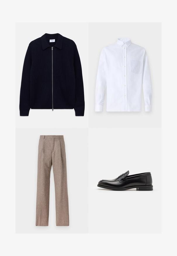 Námořnická modrá žebrovaná pletená mikina na zip s límcem a dlouhými rukávy, rozložená na bílém pozadí.; Bílá dlouhá košile s knoflíky vyrobená z bavlny, která má náprsní kapsu s tónovanou výšivkou, límec a knoflíkové manžety.; Hnědé kalhoty s vysokým pasem vyrobené z texturované látky. Mají široké nohavice a dva přední sklady pro strukturu. Úhledné provedení bez viditelné kovových částí.; Černé kožené polobotky s hladkou texturou, zaoblenou špičkou a zdobným páskem přes nárt. Nízký stohovaný podpatek, minimalistický design.