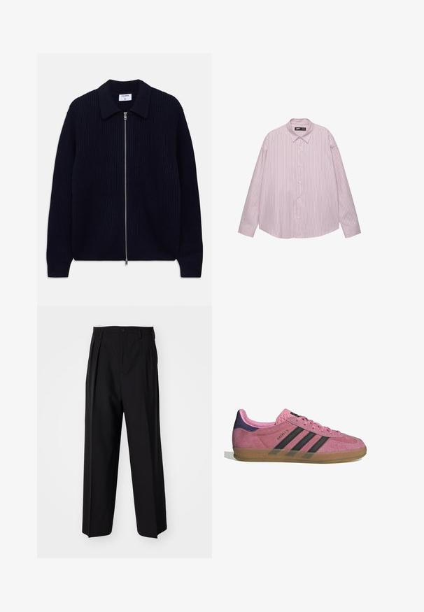 Námořnická modrá žebrovaná pletená mikina na zip s límcem a dlouhými rukávy, rozložená na bílém pozadí.; Světle růžová košile na knoflíky s vertikálními modrými pruhy, s límečkem, dlouhými rukávy a volným střihem. Vyrobena z hladkého materiálu s lehkým leskem.; Černé skládací kalhoty s rovnými, širokými nohavicemi. Vyrobené z hladké tkaniny, se zapínáním na knoflík a poutky na opasek.; Růžové semišové tenisky s černými pruhy, gumovou podrážkou a strukturovaným fialovým podpatkem. Disponují šněrovacím designem a embosovaným logem na boku.