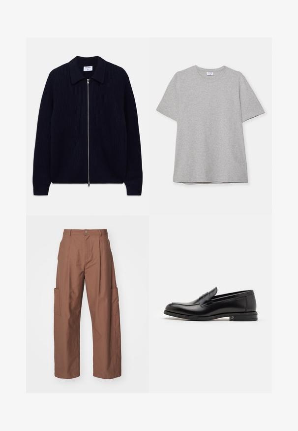Tummansininen ribbiknitti zip-up neuletakki, jossa on kaulus ja pitkät hihat, aseteltuna litteänä valkoista taustaa vasten.; Harmaa lyhythihainen T-paita, joka on valmistettu pehmeästä ja teksturoidusta kankaasta. Varustettu klassisella pyöreällä pääntiellä ja suoraselkäisellä helman kanssa, sopii rentoon pukeutumiseen.; Han Kjøbenhavn TROUSERS - Housut - brown; Mustat nahkakengät, joissa on sileä pinta, pyöreä kärki ja koristeellinen nauha jalkapöydän yli. Matala pinoitu koroke, minimalistinen muotoilu.