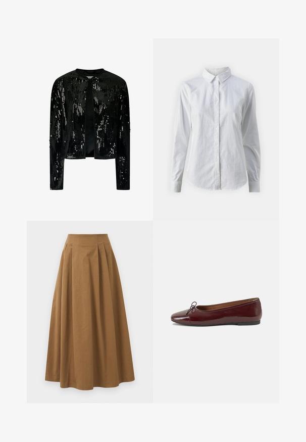 Black velvet jacket with sequins, featuring a round neck and open front. Long sleeves with subtle texture and shimmering detail throughout.; White button-up shirt made of smooth cotton, featuring a classic collar, long sleeves, and a curved hem. Buttons are small and white.; Brown cotton A-line skirt with a high waist, featuring pleats down the front and a smooth texture. Hem finishes are clean and simple.; Burgundy patent leather ballet flat with a rounded toe, small bow accent at the front, and a low, black rubber sole. Smooth texture.