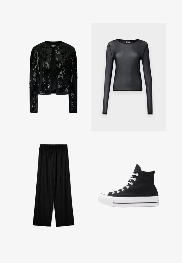 Svart sammetjacka med paljetter, med rund hals och öppen front. Långa ärmar med subtil textur och glittrande detalj genom hela plagget.; Svart långärmad topp i genomskinligt material, med rund halsringning och smal passform, med fint kantade fållar.; Svarta vida byxor i lättviktsmaterial, med elastisk midja och dragsko för justerbar passform. Slät textur.; Svart hög sneakers i canvas med vita ögla, snören och gummisulor. Har en texturerad tåskydd och svartvita randiga detaljer.