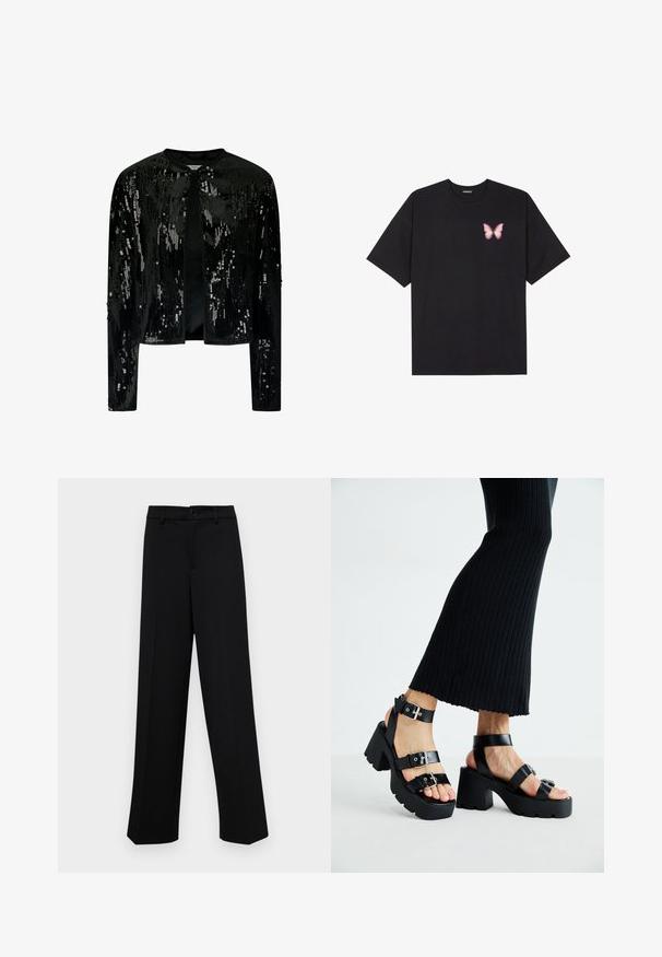 Black velvet jacket with sequins, featuring a round neck and open front. Long sleeves with subtle texture and shimmering detail throughout.; Black cotton t-shirt with short sleeves, featuring a small pink butterfly graphic on the left chest. Crew neck design with a relaxed fit.; Black wide-leg trousers made of smooth fabric, featuring a classic waistband with a button closure and front pleats.; Black platform sandals with chunky, lug soles and multiple straps, featuring metal buckles and a smooth leather-like texture.