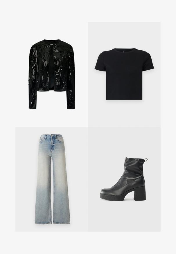 Melna samta jaka ar sekviniem, ar apaļu kaklu un atvērtu priekšpusi. Garas piedurknes ar smalku tekstūru un mirdzošiem elementiem visā jakas virsmā.; Melnas īsām piedurknēm T-krekls, kas izgatavots no mīkstas kokvilnas. Ievietota apaļa kakla izgriezums un pieguļošs dizains. Gluda tekstūra bez rakstiem vai akcensiem.; Gai zilu platā kāja džinsi, kas izgatavoti no denima, ar augstu jostasvietu, piecām kabatām un redzamu dūrienu gar šuvēm.; Melni potītes zābaki, kas izgatavoti no gludas ādas, ar sānu rāvējslēdzēju, masīvu strukturētu papēdi un noapaļotu purngalu.