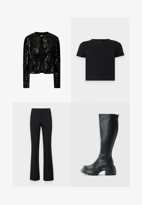 Juodas sameto švarkas su blizgučiais, turintis apvalų kaklą ir atvirą priekį. Ilgos rankovės su subtilia tekstūra ir blizgančiomis detalėmis visame švarke.; Juoda trumpomis rankovėmis marškinėliai, pagaminti iš švelnios medvilnės. Turi apvalų kaklą ir prigludusį dizainą. Lygi tekstūra be raštų ar akcentų.; Juodos plačios kelnės su rausvos tekstūros ir prigludusia juosmens dalimi. Dizainas apima vertikalius siūlus, kad atrodytų elegantiškai. Nėra matomų detalių.; Ilgas juodos odinės batai su masyvi platforma ir stačiakampiu kulnu, turintys traukimo kilpą ir tekstūruotą pado raštą.