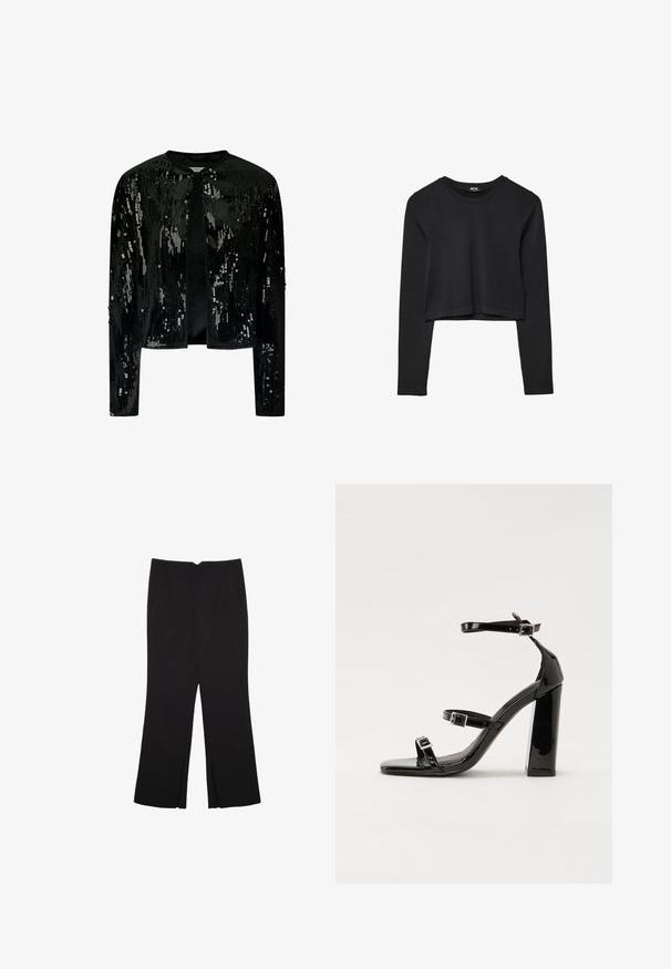 Czarna aksamitna kurtka z cekinami, z okrągłym dekoltem i otwartym przodem. Długie rękawy z subtelną teksturą i błyszczącymi detalami w całej odsłonie.; Czarny krótki top z długim rękawem, okrągłym dekoltem, gładkim wzorem i lekko zaokrąglonym dołem.; Czarne spodnie o prostym kroju, z przednimi kieszeniami i bocznymi rozcięciami na dole. Wykonane z miękkiego, gładkiego materiału. Odpowiednie na różne okazje.; Czarne lakierowane sandały na wysokim obcasie, z dwoma paskami zapinanymi na klamry, kwadratowy nosek i masywny obcas typu słupek, o gładkiej, błyszczącej fakturze.