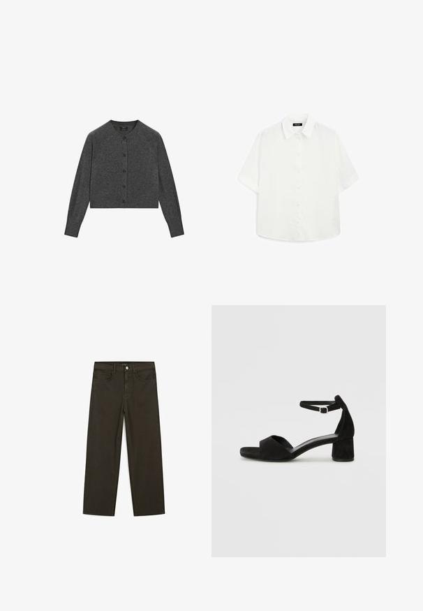 Graue, kurze Strickjacke aus weichem Material mit rundem Ausschnitt, langen Ärmeln und braunen Knöpfen auf der Vorderseite.; Weißes kurzärmeliges Hemd aus leichtem Stoff, mit klassischem Kragen, Knopfverschluss und abgerundetem Saum mit subtiler Textur.; Dunkelgrüne Jeans im weit geschnittenen Style, hergestellt aus einem Baumwollgemisch. Sie verfügen über einen Frontknopfverschluss, fünf Taschen und klassische Denim-Nähte.; Schwarze Wildleder-Espadrilles mit einem dünnen Knöchelriemen, offener Zehenpartie und moderatem Blockabsatz. Glatte Textur und minimale Akzente.
