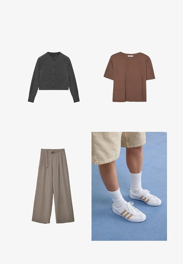 Šedý zkrácený kardigan vyrobený z měkké látky, s kulatým výstřihem, dlouhými rukávy a hnědými knoflíky vpředu.; Hnědé tričko s krátkým rukávem vyrobené z měkké látky, s kulatým výstřihem a volným střihem. Bez viditelných vzorů nebo dekorací.; Kalhoty s širokými nohavicemi v měkké, tlumené šedé látce, s páskem v pase a sklady pro přidaný designový detail. Hladká textura, bez vzorů.; Bílé tenisky se třemi zlatými pruhy, šněrovací design, gumová podrážka, nošeny s žebrovanými bílými ponožkami a béžovými kraťasy na modrém povrchu.