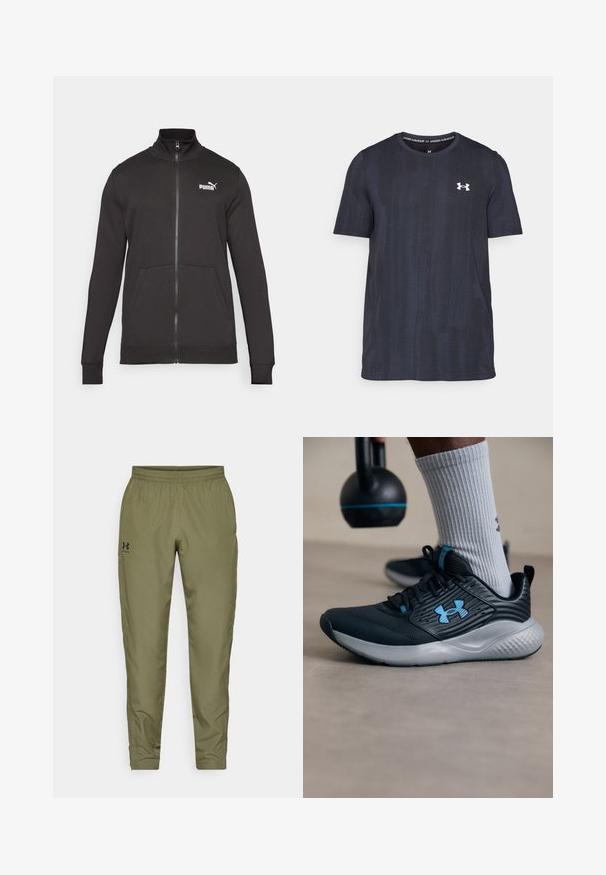 Black zip-up track jacket made of smooth fabric. Features stand-up collar, side pockets, and a white Puma logo on the left chest.; Dark navy short-sleeve t-shirt made of breathable fabric, featuring a textured pattern and a white Under Armour logo on the chest.; Olive green athletic pants with an elastic waistband, tapered legs, a smooth texture, and a small black logo on the left side.; Black athletic shoe with blue accents, textured upper, and gray sole. Worn with gray ribbed socks, beside a black kettlebell.