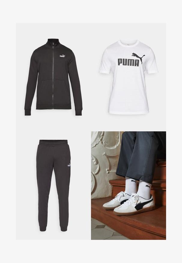Sort zip-up træningsjakke lavet af glat stof. Har stående krave, sidelommer og et hvidt Puma-logo på venstre bryst.; Hvid bomulds T-shirt med et stort sort "PUMA" logo og en sort springende kat grafik på venstre side. Korte ærmer, rund hals design.; Mørkegrå sweatpants med elastisk talje, tapered ben og et lille hvidt Puma-logo på venstre lår. Blødt bomuldsblandingsmateriale.; Puma sneakers i hvid og sort ruskind med en brun gummisål. Bæres med hvide sokker med et sort logo og mørke bukser.