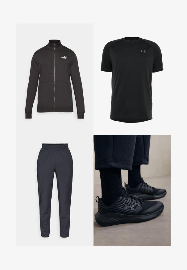 Čierna bunda na zips vyrobená z hladkej tkaniny. Má stojačikový golier, bočné vrecká a biele logo Puma na ľavej hrudi.; Čierny športový krátky rukáv vyrobený z hladkej, ľahkej tkaniny. Má zaoblený výstrih a nenápadné logo na hrudi.; Námořnické zúžené kalhoty vyrobené z jemné tkaniny, s elastickým pasem, bočními kapsami a hladkou texturou s jemnými prošitími.; Osoba v čiernych atletických teniskách s textúrovanými bokmi a logom, v doplnku s čiernymi ponožkami a skrátenými nohavicami na svetlej podlahe.