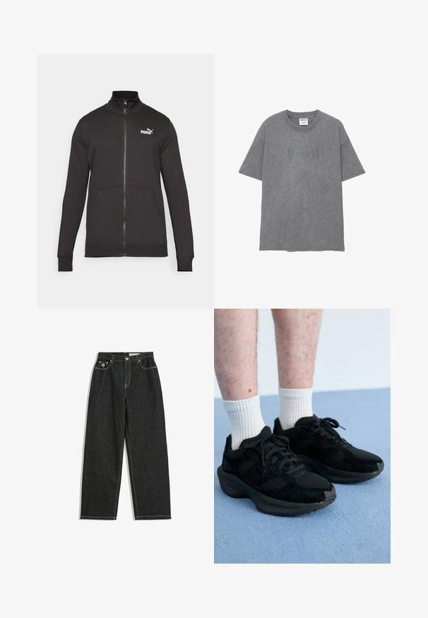 Černá tracková bunda na zip vyrobená z hladkého materiálu. Má stojáček, postranní kapsy a bílé logo Puma na levé straně hrudi.; Šedé bavlněné tričko s krátkými rukávy, klasický střih, s vybledlým logem "Nirvana" v mírně tmavším odstínu. Měkká textura, jednoduchý design.; Černé džíny rovného střihu s bílým prošíváním, design se pěti kapsami, zapínání na knoflík a zip a malé logo na přední pravé kapse.; Černé sportovní boty z kombinace síťoviny a semiše, s kulatou podrážkou, tkaničkami a měkkou texturou. Nosí se s bílými žebrovanými ponožkami.