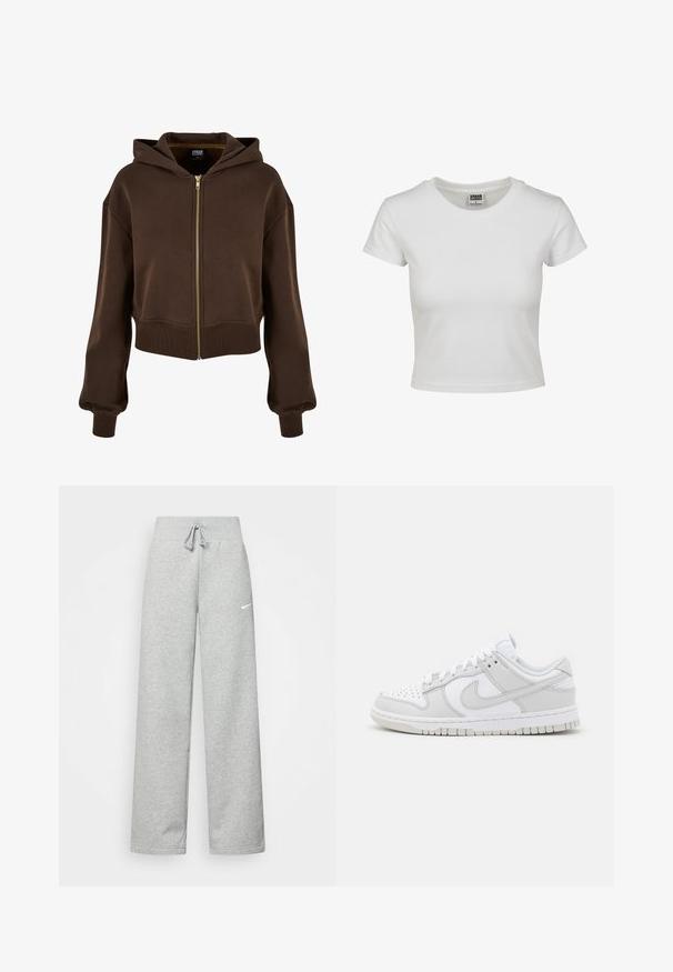 Hnědá zkrácená zipová mikina vyrobená z měkké tkaniny. Obsahuje zlatý zip, kapuci se stahovacími šňůrkami a žebrované manžety a lem pro strukturovaný střih.; Bílý bavlněný tričko s klasickým kulatým výstřihem, krátkými rukávy a přiléhavým střihem. Žádné vzory ani akcenty nejsou viditelné.; Šedé tepláky s elastickým pasem, detaily se šňůrkou a malým bílým logem Nike na levém stehně. Měkká tkanina, volný střih.; Bílé kožené tenisky s šedými detaily, perforovaná špička, ploché tkaničky, polstrovaný límec a texturovaná gumová podrážka.