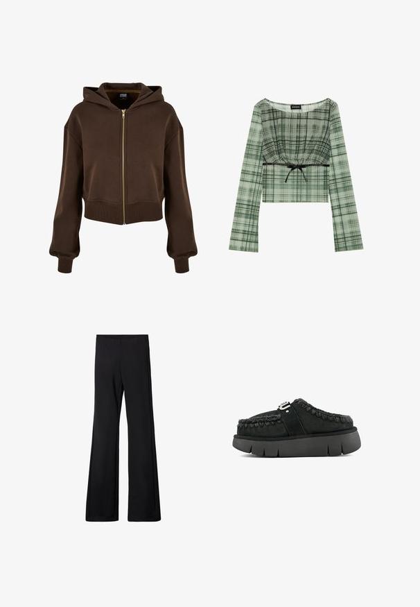 Sudadera corta marrón con cremallera, fabricada en un tejido suave. Cuenta con una cremallera dorada, capucha con cordón y puños y dobladillo acanalados para un ajuste estructurado.; Top corto a cuadros verdes con mangas largas, que presenta un escote fruncido y un lazo negro a la altura de la cintura. Fabricado con una tela ligera.; Pantalones negros de campana con cinturilla elástica, confeccionados en una tela suave y elástica, con una textura lisa y sin patrones visibles ni detalles metálicos.; Zapato negro de ante tipo slip-on con borde de piel de pelo, costuras trenzadas y suela gruesa negra. Presenta una correa de marca en la parte superior.