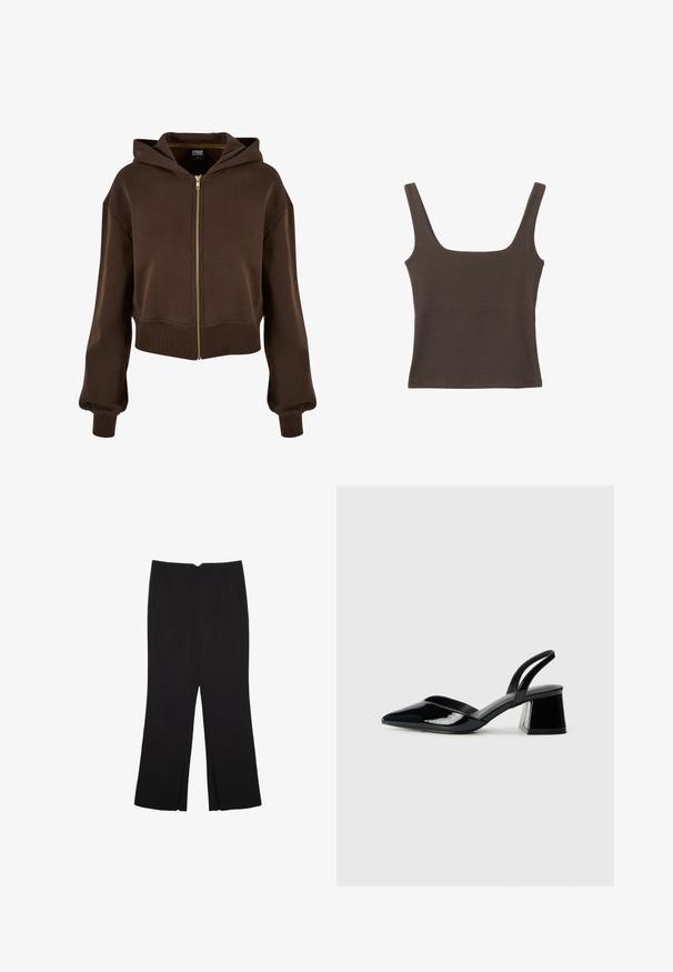 Hnedá krátka zipsová mikina vyrobená z mäkkého materiálu. Obsahuje zlatý zips, kapucňu na šnúrku a rebrované manžety a spodný lem pre strukturný strih.; Hnedý bezrúškový top so štvorcovým výstrihom, vyrobený z mäkkého, elastického materiálu. Má priliehavý strih a ploché švy.; Čierne nohavice so strihom rovného strihu, s prednými vreckami a bočnými rozparkami na leme. Vyrobené z mäkkej, hladkej tkaniny. Vhodné na rôzne príležitosti.; Čierne lakované kožené sandálové podpätky s špicatou špičkou a geometrickým blokovým podpätkom. Disponujú elegantným, minimalistickým dizajnom a hladkým povrchom.