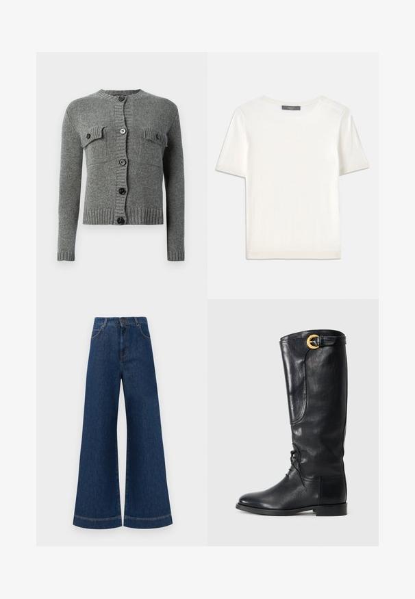 Pelēks trikotāžas kardigans ar gariem piedurknēm, ribotiem aprocēm un apakšu, priekšpuses aizdari ar pogām un divām krūšu kabatām ar pogām.; Balta īsām piedurknēm adīta blūze ar apaļu kakla izgriezumu, kurai ir gluda tekstūra un smalki riboti akcenti pie piedurknēm un apakšmalas.; Plati ziladenim bikses ar augstu jostasvietu, kas aprīkotas ar pogas aizdari, jostu cilpām un nelieliem šuvju detalizējumiem ap kabatām un malām.; Melnas ādas ceļgala augstuma zābaki ar noapaļotu purngalu, lentu priekšpusi, sānu detaļu un zelta akcenta sprādzi augšpusē. Gluda tekstūra.