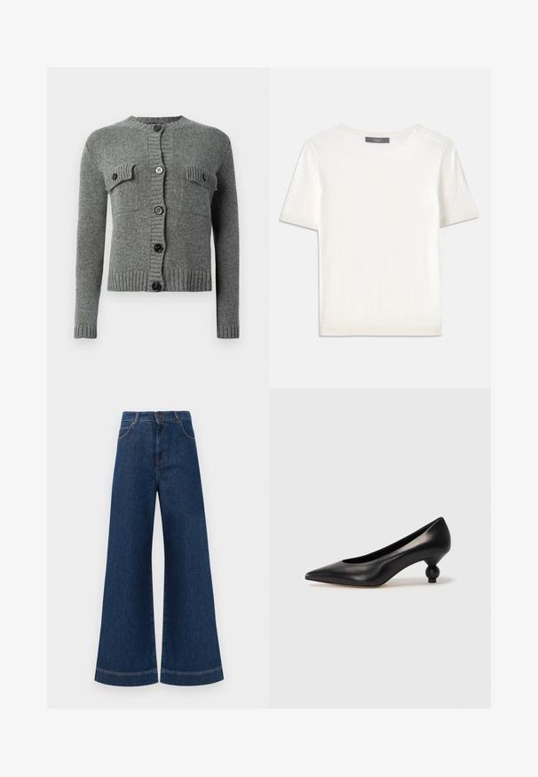 Szary dzianinowy kardigan z długimi rękawami, ściągaczami na rękawach i dole, zapięciem na guziki z przodu oraz dwoma zapinanymi na guziki kieszeniami na piersi.; Biała krótki rękaw dzianinowa bluzka z okrągłym dekoltem, charakteryzująca się gładką teksturą i subtelnymi prążkowanymi akcentami na rękawach oraz u dołu.; Szerokie dżinsy w kolorze niebieskim z wysokim stanem, z zapięciem na guzik, szlufkami na pasek oraz subtelnymi detalami stębnowania wzdłuż kieszeni i brzegów.; Czarna skórzana szpilka z ostrym czubkiem i okrągłym, kulistym obcasem. Gładka tekstura z eleganckim, minimalistycznym wzornictwem.