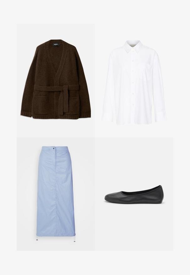 Cárdigan marrón de punto con escote en V, mangas largas, dos bolsillos frontales y un cinturón a juego en la cintura. Tela texturizada y suave.; Camisa blanca de manga larga y cuello hecha de algodón. Presenta un cierre de botones en la parte delantera y un bolsillo en el pecho. Textura suave, ajuste relajado.; Falda de longitud media en azul claro, hecha de material suave y ligero, con corte recto, presenta un cierre delantero de botones y dobladillo con cordón.; Bailarina de piel negra con punta redondeada, textura suave, detalle de costura minimalista y diseño de suela flexible.