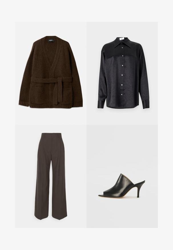 Brūns adīts kardigāns ar V veida kaklu, garām piedurknēm, divām priekšējām kabatām un saskaņotu jostu jostasvietā. Strukturēts, mīksts audums.; Melnas garām piedurknēm krekls ar apdari, kas piedāvā samocītu tekstūru, pilnu pogu priekšpusi un aproces. Izgatavots no gludas auduma.; Tumši brūni platajiem galiem bikses ar augstu jostasvietu, kas pieejamas ar uzmanīgi presētām krokām, gludu tekstūru un pielāgotu piegriezumu.; Melna ādas atvērta pirksta mule ar elegantu, izliekta dizaina, augstu stiletto papēdi un gludu tekstūru. Iekšpusei ir kontrastējoša gaiša krāsa.