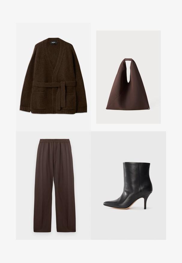 Hnědý pletený cardigan s výstřihem do V, dlouhými rukávy, dvěma předními kapsami a odpovídajícím páskem v pase. Texturovaný, měkký materiál.; Černé tričko s krátkým rukávem s designem třásní přes hrudník. Třásně jsou vyrobeny z texturovaného materiálu, což přidává rozměr.; Hnědé široké nohavice s elastickým pasem a jemnými předními záhyby, vystavené ploché na bílém pozadí.; Černá kožená kotníková bota s špičatou špičkou, štíhlým jehlovým podpatkem a hladkým povrchem. Minimalistický design bez viditelného hardwaru nebo akcentů.; Hnědá textilní taška s jedinečným tvarem, která má široké otevření, strukturovaný povrch a malý kulatý akcent na dně.