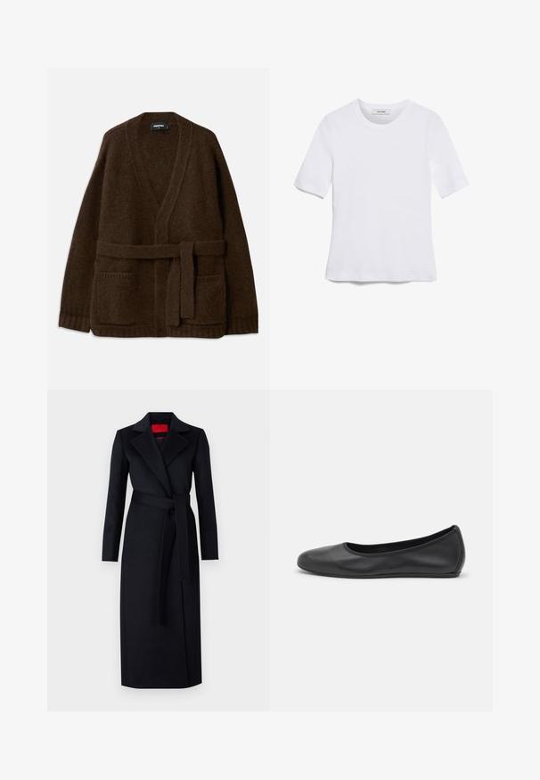 Barna kötött kardigán V-nyakkal, hosszú ujjakkal, két elülső zsebbel és derékra illő övvel. Texturált, puha anyag.; Fehér, rövid ujjú póló ribbed anyagból. Kerek nyakkivágás, normál szabás és diszkrét varrási részletek. Nincsenek minták vagy grafikák.; Fekete trench kabát hosszú ujjakkal, átkötős dizájnnal és hozzá illő övvel. Simfémből készült, hajtókás gallérral és oldalsó zsebekkel rendelkezik.; Fekete bőr balettcipő lekerekített orral, sima tekstúrával, minimális varrással és rugalmas talp kialakítással.