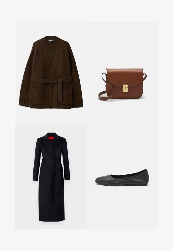 Smeđa pletena kardigan sa V-izrezom, dugim rukavima, dva prednja džepa i odgovarajućim remenom u struku. Teksturirana, meka tkanina.; Bijela majica s kratkim rukavima izrađena od rebraste tkanine. Okrugli izrez, klasičan kroj i suptilni detalji šivanja. Bez uzoraka ili grafika.; Crni trench kaput s dugim rukavima, omotani dizajn i odgovarajući pojas. Izrađen od glatke tkanine, s uklještenim ovratnikom i bočnim džepovima.; Crne kožne baletanke s zaobljenim vrhom, glatke teksture, minimalnim detaljima šavova i fleksibilnim dizajnom potplata.; Smeđa kožna torba s preklopom, zlatnim detaljima, remenom za nošenje preko ramena i glatkom teksturom. Kompaktni pravokutni oblik.