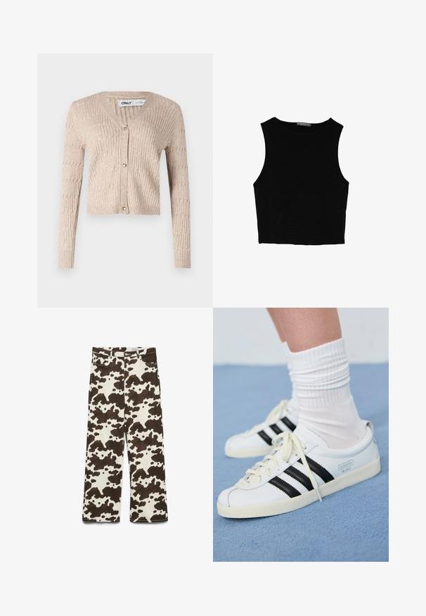 Beige pletený kardigan s dlouhými rukávy, v-výstřihem a zlatými knoflíky ve tvaru srdce. Má žebrovanou strukturu a zkrácený design.; Černý bezsleeve crop top vyrobený z hladké tkaniny, s kulatým výstřihem a čistým, jednoduchým designem bez vzorů nebo kovových doplňků.; Bavlněné kalhoty širokého střihu s hnědým a krémovým vzorem připomínajícím krávy, s pěti kapsami a zapínáním na knoflíky v pase.; Bílé kožené tenisky s černými pruhy, krémovou podešví a světlými tkaničkami. Nosené s bílými žebrovanými ponožkami, umístěné na modrém pozadí.