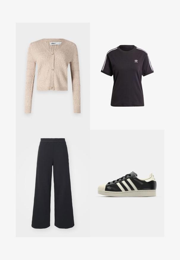 Beige strikket cardigan med lange ermer, v-hals og hjerteformede gullknapper. Har ribbestruktur og kort design.; Svart bomull T-skjorte med kort erme og rund hals, med hvite striper på skuldrene og en liten hvit Adidas-logo på brystet.; Svart bukse med vid benvidde laget av myk stoff, med elastisk midjebånd og en liten logo på venstre side.; Svarte skinnsneakers med hvite striper, gummitopp, svarte lisser og en kremfarget såle. Glatt tekstur med blank finish.