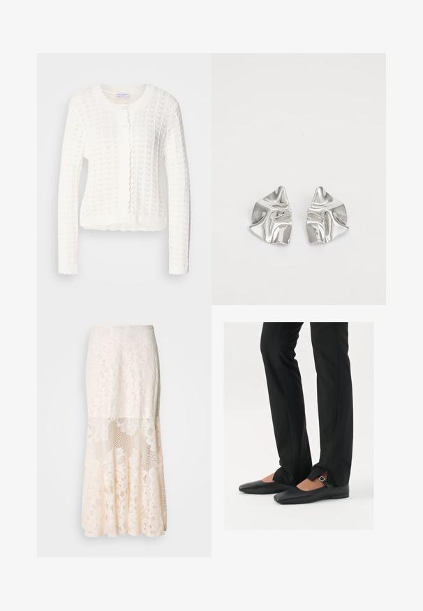Biely pletený kardigán s textúrovaným vzorom, okrúhlym výstrihom a vlnitými okrajmi. Obsahuje päť gombíkov na prednej strane.; Čierny tielko vyrobené z mäkkej, elastickej tkaniny. Má okrúhly výstrih a široké ramenné popruhy, so priliehavým strihom a hladkou textúrou.; Kvetinová čipkovaná midi sukňa v krémovej farbe; obsahuje vrstvený dizajn s priesvitnými časťami, textúrovanou čipkou a rozšíreným lemom.; Čierne kožené baletky s špicatou špičkou, remienkom so striebornou prackou, skombinované s čiernymi strihovými nohavicami so rozparkom na leme.; Strieborné kovové náušnice s vlnitým, sochárskym dizajnom, s lešteným povrchom a nepravidelnými tvarmi, ktoré zvýrazňujú súčasnú estetiku.