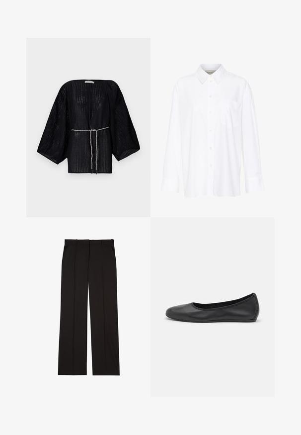 Černý kimono s otevřeným předním zapínáním a širokými rukávy, vyrobené z texturovaného materiálu. Má stažený pas se stříbrnou pletenou šňůrou.; Bílá košile s dlouhým rukávem a límečkem vyrobená z bavlny. Má knoflíkovou přední část a jedno kapsičku na prsou. Hladký povrch, volný střih.; Černé elegantní kalhoty na míru vyrobené z hladké látky, s rovnými nohavicemi a dvěma postranními kapsami. Elegantní a minimalistická konstrukce.; Černé kožené baletní byty s kulatou špičkou, hladkou texturou, minimálními švy a flexibilním designem podrážky.