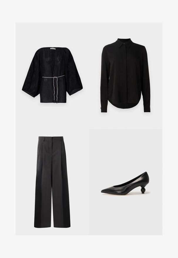 Czarny, otwarty kimono z szerokimi rękawami, wykonane z teksturowanej tkaniny. Posiada wcięcie w talii z plecionym, srebrnym sznurkiem.; Czarna bluzka z długim rękawem i spiczastym kołnierzykiem, z ukrytą plaketą guzikową oraz zaokrąglonym dołem na jednolitym białym tle.; Czarne szerokie spodnie z wysokim stanem, z przodu z fałdami, o gładkiej fakturze i dopasowanym wykończeniu. Zaprojektowane z myślą o luźnym kroju.; Czarna skórzana szpilka z ostrym czubkiem i okrągłym, kulistym obcasem. Gładka tekstura z eleganckim, minimalistycznym wzornictwem.