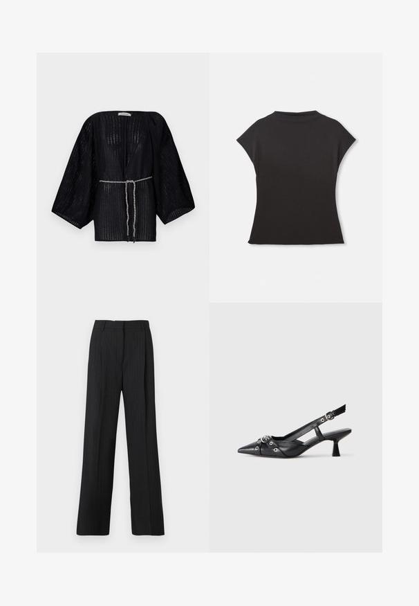 Um quimono preto, aberto à frente, com mangas largas, feito de um tecido texturizado. Apresenta uma cintura ajustada com um laço prateado trançado.; Top preto de manga curta com um decote alto e um ajuste descontraído. Feito em tecido suave com uma textura lisa. Sem padrões ou gráficos visíveis.; Calças pretas risca de giz com um corte descontraído, apresentando um frente lisa, dois bolsos laterais e uma textura de tecido suave.; Sapato slingback em couro preto com biqueira fina, tiras decorativas com ilhós de metal e um pequeno salto quadrado. Superfície texturizada.
