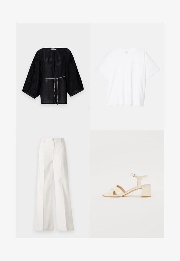 Black, open-front kimono with wide sleeves, made from textured fabric. Features a cinched waist with a silver braided tie.; White cotton t-shirt with short sleeves, round neckline, relaxed fit, and stitched hem. Label visible on the inside neck.; White wide-leg trousers made from cotton with a smooth texture. Features a front button, zipper fly, and four-pocket design.; Beige patent leather heeled sandals with cross strap design, open toe, adjustable ankle strap, and a block heel. Smooth texture.