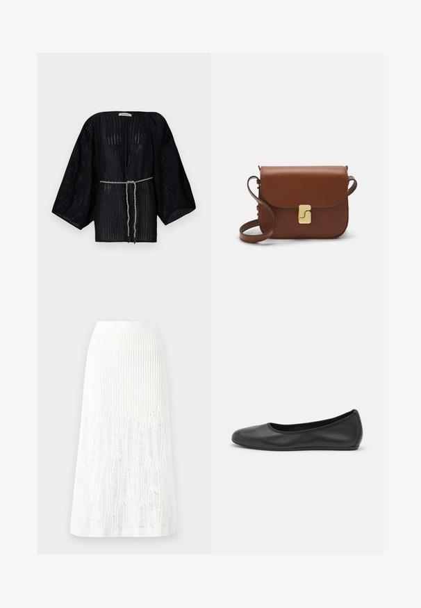 Black, open-front kimono with wide sleeves, made from textured fabric. Features a cinched waist with a silver braided tie.; White short-sleeve t-shirt made of ribbed fabric. Round neckline, regular fit, and subtle stitching details. No patterns or graphics.; Knit white midi skirt featuring a textured pattern with vertical lines and cut-out details near the hem. Elastic waistband. Soft material.; Black leather ballet flat with a rounded toe, smooth texture, minimal stitching detail, and a flexible sole design.; Brown leather handbag with a flap closure, gold-tone hardware, a shoulder strap, and a smooth texture. Compact rectangular shape.