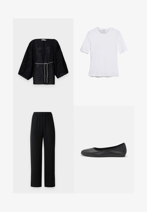 Must haavaga must avatud kimono, millel on laiad varrukad ja mis on valmistatud tekstureeritud kangast. Sellel on kitsendatud vöökoht, millel on hõbedane punutud pael.; Valge lühikeste varrukatega T-särk ribatud kangast. Ümara kaelusega, tavalisest sobivusest ja peente õmbluse detailidega. Ilma mustrite või graafikateta.; Mustad laiad mustad püksid, mis on valmistatud siledast kangast ja neil on elastne vöökoht. Omavad sirget lõiget ja minimaalset kaunistust. Sobivad igapäevaseks kandmiseks.; Musthave mustika tantsutossud mustast nahast, ümmarguse varbaga, siledast tekstuurist, minimaalse õmblusdetailiga ja paindliku tallakujundusega.