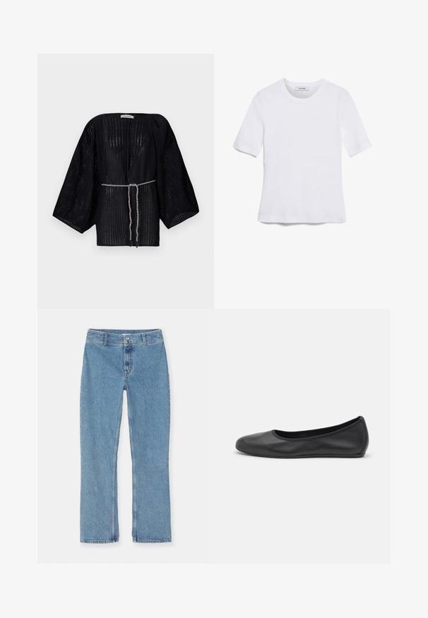 Zwarte, open-front kimono met brede mouwen, gemaakt van textuurstof. Heeft een toegestepte taille met een zilveren gevlochten strik.; Witte korte mouwen t-shirt van ribstof. Ronde halslijn, normale pasvorm en subtiele stiksels. Geen patronen of grafische elementen.; Lichtblauwe recht gesneden denim jeans met knoop- en ritssluiting, riemlussen en standaard stiksel op een witte achtergrond.; Zwarte leren ballerina met een ronde neus, gladde textuur, minimale stikdetails en een flexibele zoolontwerp.