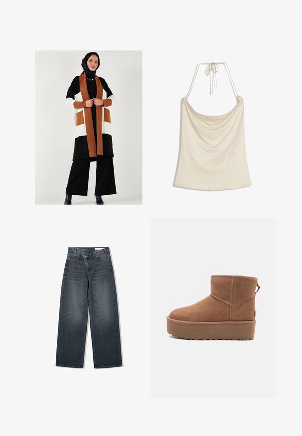 Fekete, fehér és barna színkombinációjú kardigán zsebekkel, hosszú ujjal és nyitott elejével; fekete öltözet fölött viselve, fekete csizmával párosítva.; Beige pántnélküli felső, drapírozott elülső résszel, sima textúrával és apró fémes díszítésekkel a nyakvonal mentén. Hátul megkötős.; Sötét mosású farmernadrág, széles lábakkal, magas derékkal, öt zsebbel és finom kopásnyomokkal az elején.; Barna suede bokacsizma platform talppal, lekerekített orral és varrás részletekkel; a hátsó részen húzófül található a könnyű felhúzás érdekében.