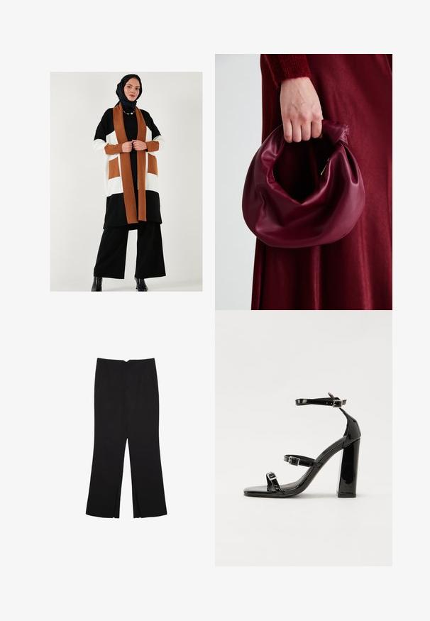 Črno, belo in rjavo blokirano jopico s žepi, dolgimi rokavi in odprtim sprednjim delom; nošena čez črno oblačilo in v paru s črnimi škornji.; Nabor dveh dolgih rokavov v beli in črni barvi. Žameten vzorec, okrogla ovratnica, prilegajoča zasnova z rahlo razširjenimi rokavi.; Črne hlače ravnega kroja z naglavnimi žepi in stranskimi razporki na robu. Narejene iz mehke, gladke tkanine. Primerne za različne priložnosti.; Črne lakirane sandale s peto, kvadratnim prstom, trakovi okrog gležnja in srebrnimi zaponkami. Opremljene so s stabilno Debelo peto.; Bordo usnjeni ročni torbici s mehak, nabrana zasnova in okrogla oblika. Ročaj je varen in prikazuje gladko teksturo.