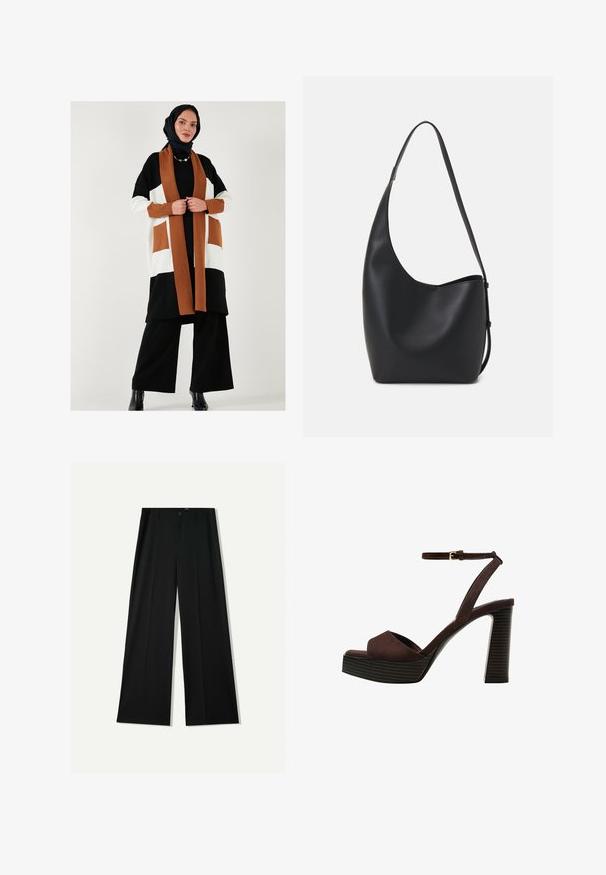 Černý, bílý a hnědý kardigan s barevným blokem, kapsami, dlouhými rukávy a otevřeným předním dílem; nošený přes černý outfit a doplněný černými botami.; Černý top na ramínka vyrobený z bavlny, s kulatým výstřihem a širokými průramky. Hladká textura s prošitými lemy. Klasický, minimalistický design.; Bershka WIDE - Kalhoty - black; Hnědé semišové sandály na vysokém podpatku s otevřenou špičkou, nastavitelným páskem kolem kotníku a proužkovou platformou.; Černá kožená hobo taška s hladkým povrchem, zakřiveným tvarem a jedním nastavitelným popruhem; má široké otevírání nahoře.