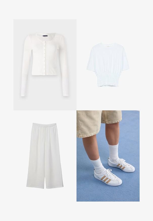 Vit långärmad cardigan med ribbad textur, rund halsringning och dekorativt trim. Har en rad små knappar framtill.; Vit kortärmad t-shirt med avslappnad passform och smockad textur vid midjan. Tillverkad av mjukt, lätt material.; Vita vida byxor i lätt tyg med elastisk midja och dragsko för justerbar passform. Mjuk textur.; Vita sneakers med tre guldstrimlor, snörningsdesign, gummisula, bärs med ribbade vita strumpor och beige shorts på en blå yta.