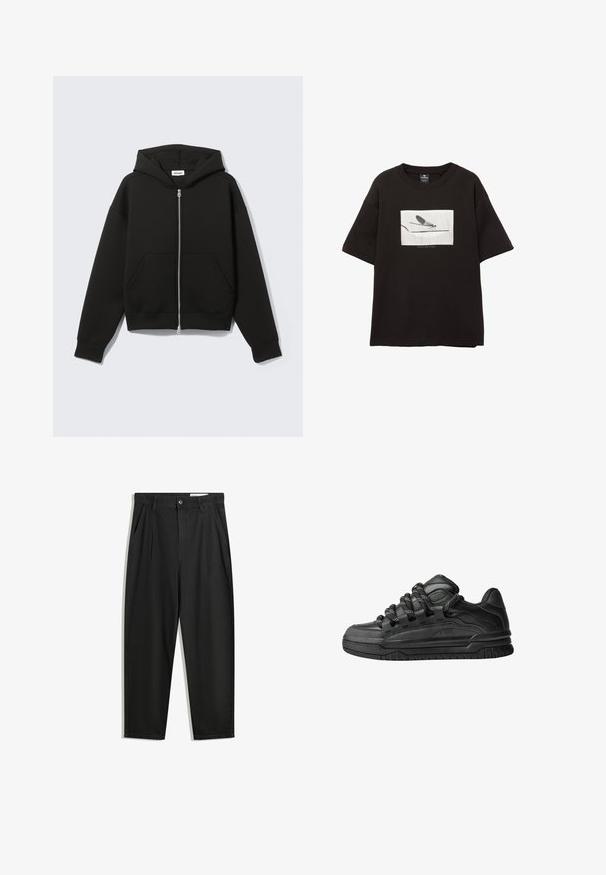 Sweat à capuche noir avec fermeture éclair, poche kangourou, coupe oversize, tissu doux, et capuche avec cordon de serrage. Comprend une fermeture éclair robuste et des poignets côtelés.; T-shirt en coton noir à manches courtes, décoré d'un graphique rectangulaire blanc représentant une mouche sur une fine ligne, avec une marque minimaliste en dessous de l'image.; Pantalon en coton noir avec une coupe décontractée, dotés d'une taille classique, de plis à l'avant et de poches latérales. Texture lisse sans motifs.; Baskets noires avec une tige en cuir lisse, des accents texturés et des lacets ronds noir et blanc. Semelle en caoutchouc épaisse avec un motif de semelle.