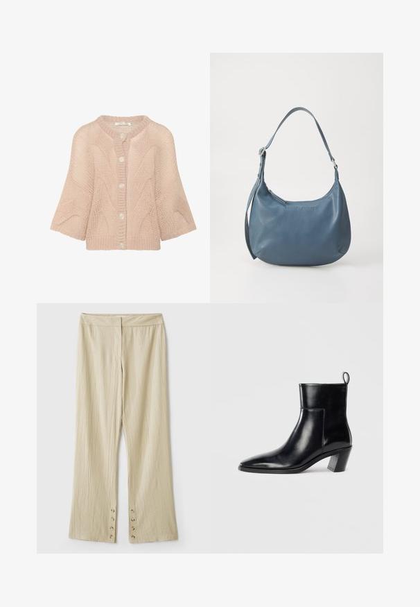 Kabelstickad cardigan i mjuk rosa, med rund halsringning, korta ärmar och fem stora knappar fram. Texturerat, lätt material.; Svart ärmlös topp med rund hals och nyckelhål bak. Har vertikala veck för textur. Slät tyg med en lätt lyster.; Beiga vidbyxor med en strukturerad tyg. Har en platt midjeband och fem knappar längst ner för stängning. Fållad design.; Svart läderankelboot med spetsig tå, geometrisk staplad klack och dragflik på baksidan. Slät textur och eleganta linjer.; Blå läderhandväska med rundad form, enkel axelrem, zipförslutning och präglat varumärke framtill. Slät textur.