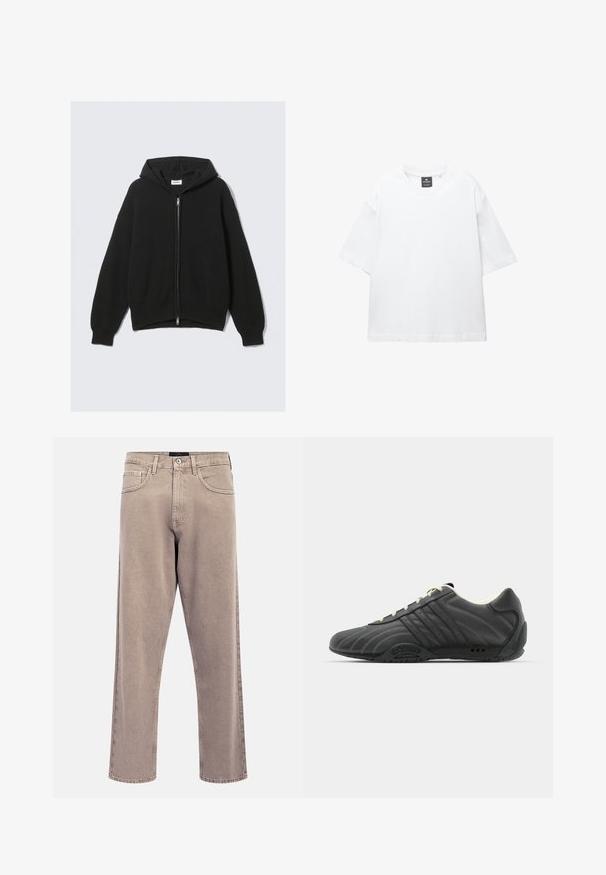 Čierna mikina na zips vyrobená z textúrovaného materiálu, s kapucňou so šnúrkami, rebrovanými manžetami a lemom. Jednoduchý, nadrozmerný dizajn.; Biely krátky rukáv tričko vyrobené z bavlny, s okrúhlym výstrihom a voľným strihom so rovnomerným lemovaním. Bez vzorov alebo ozdôb.; Svetlo béžové rifle s rovnými nohavicami, mierne vyblednutou textúrou, dizajnom s piatimi vreckami a zapínaním na kovový gombík. Výrazné švíky.; adidas Originals ADIRACER UNISEX - Tenisky - core black/cream white