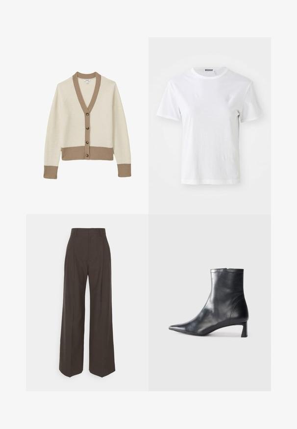 Kreem värvi kardigan, millel on beežid soonikud, V-kaelus ja kuus pruuni nuppu ees. Pehme tekstuur, raglan varrukad ja sobitav alläär.; Valge lühikeste varrukatega T-särk, mis on valmistatud pehmest kangast. Omab ümmargust kaelust ja sirget lõiget, sise-kaeluse ääres on silt.; Tumepruunid lai jalad püksid kõrge vöökohaga, millel on korralikult pressitud kortsud, sile tekstuur ja täpselt sobiv lõige.; Mustad mustall nahkasaabas terava nina ja stiilse disainiga. Omab madalat konts ja luku sulgemist taga. Sile tekstuur.