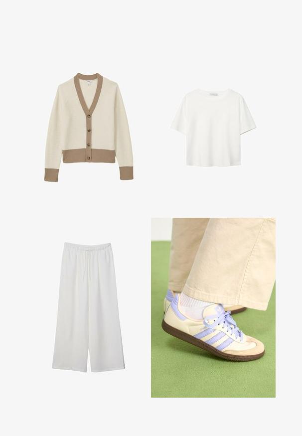Krema kardigan s bež rebrastim detaljima, V-izrezom i šest smeškastih dugmadi sprijeda. Mekana tekstura, raglan rukavi i uski rub.; Bijela majica kratkih rukava od pamuka. Ima okrugli izrez i opušteni kroj. Glatka tekstura bez vidljivih uzoraka ili naglasaka.; Bijele hlače širokog kroja izrađene od lagane tkanine, s elastičnim pojasom i vezicom za prilagodljivu veličinu. Glatka tekstura.; Kremasto-ljubičaste tenisice s tri pruge i strukturiranim smeškim potplatom, s vezicama i podstavljenim petom. Mekana gornja tkanina.